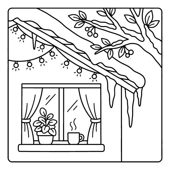 String lights along a snowy eave with icicles, a window and steaming mug, coloring page