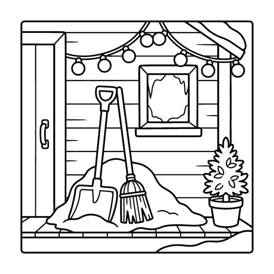 A snow shovel and broom against a shed wall with string lights and a plant, bold and easy