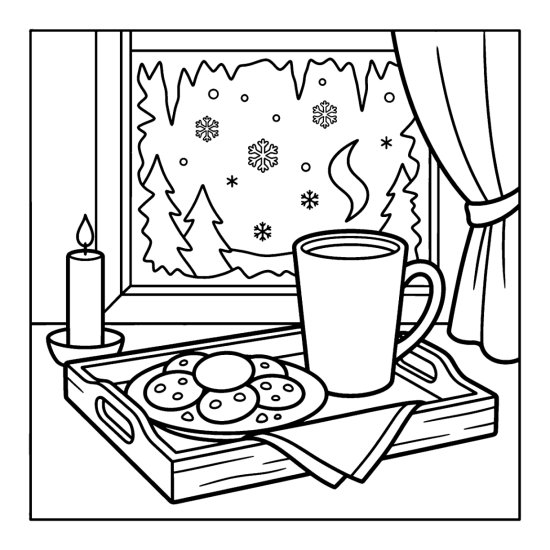 A tray of cookies and a steaming mug with a candle by a snowy window, coloring sheet