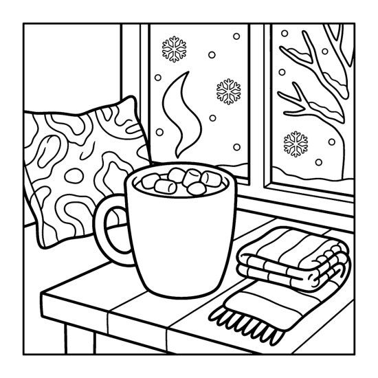 A mug of cocoa topped with marshmallows beside a folded scarf and snowy window, coloring page