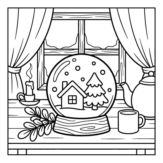 A snow globe with a house and fir tree on a table with a candle and teapot, coloring page