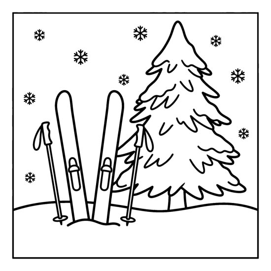Skis and poles standing in a snowbank beside a snowy pine tree with snowflakes, bold and easy
