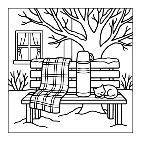 A thermos and plaid blanket on a snowy bench with a sleeping cat and bare tree, coloring sheet