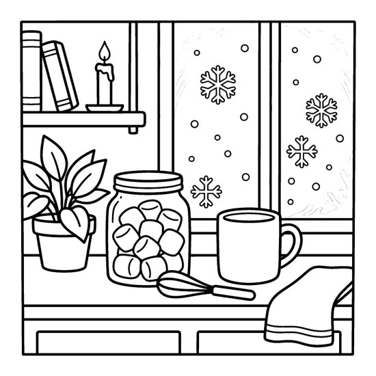 A jar of marshmallows with a whisk and mug on a counter by a snowy window, coloring page