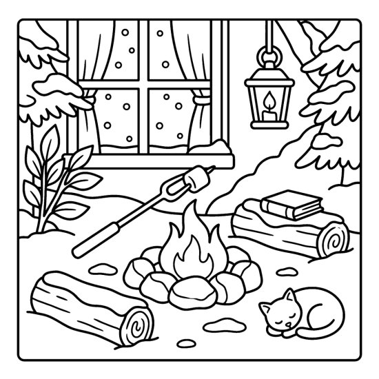 An outdoor fire pit with a marshmallow on a roasting fork among snowy logs, bold and easy