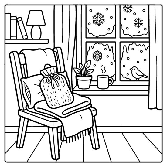 A hot water bottle in a knit cover on a chair with a throw and lamp, coloring page