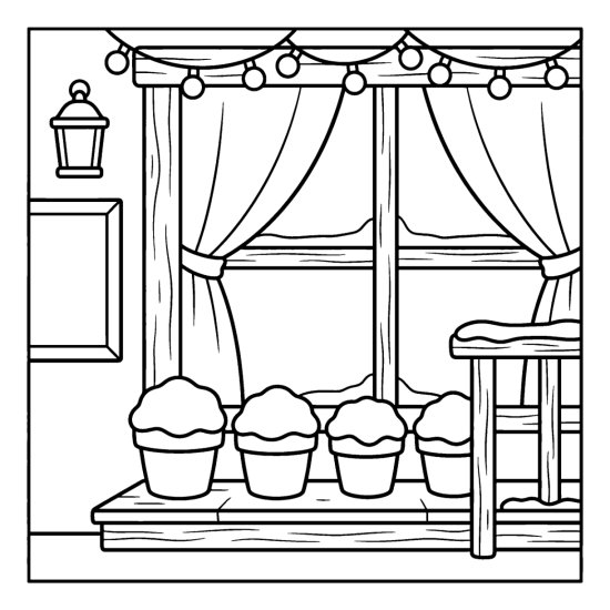 Snow capped pots in a row on a doorstep with string lights and a chair, coloring sheet