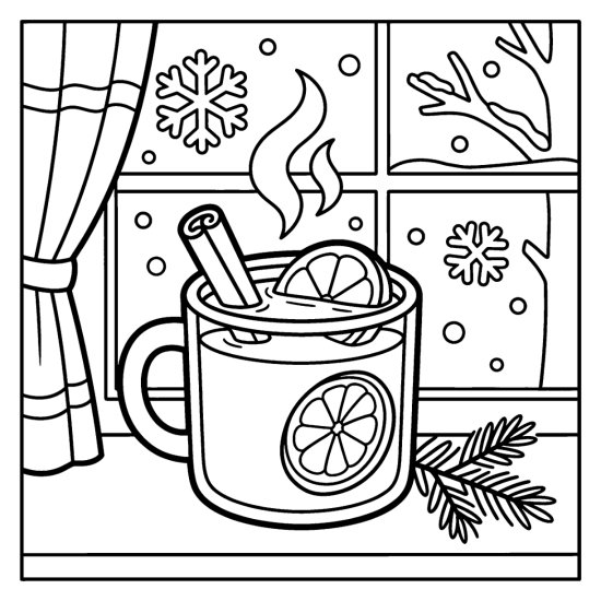 A mug of mulled cider with orange slices and cinnamon by a snowy window, coloring page