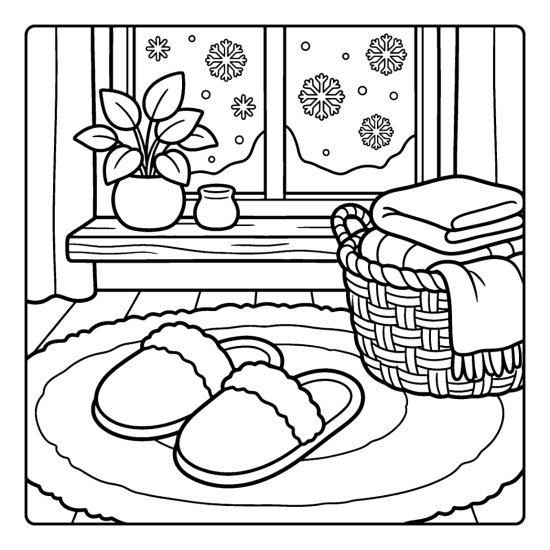 Fuzzy slippers on a round rug with a basket of blankets by a window, bold and easy