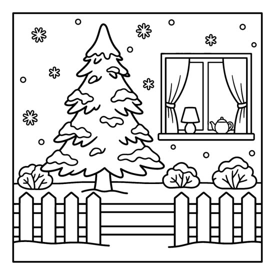A snowy evergreen tree behind a fence with bushes and a lit window, coloring sheet