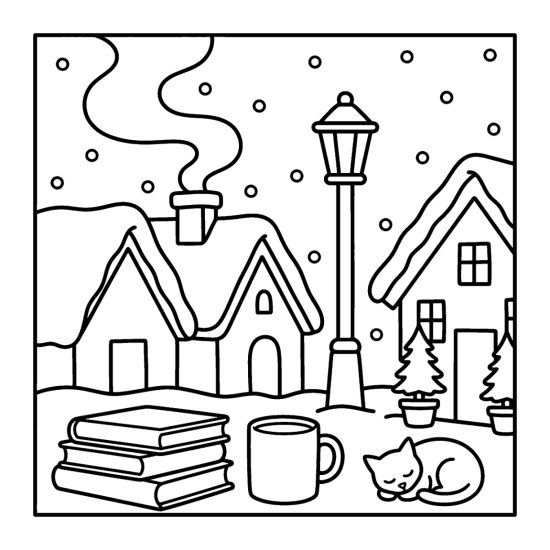 Snow covered village rooftops with smoke, a lamppost and a sleeping cat below, coloring sheet