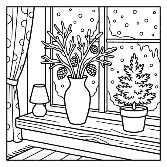 A vase of frosted branches and pinecones on a windowsill with a lamp, coloring page