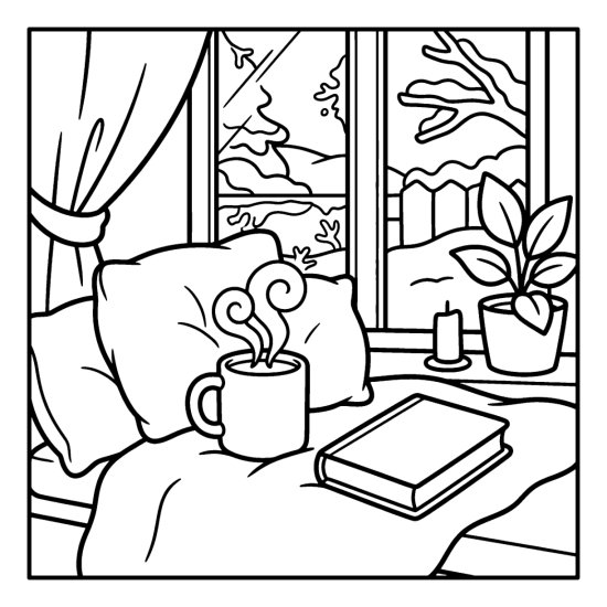 A mug of cocoa and a book on a throw in a window nook with cushions, bold and easy