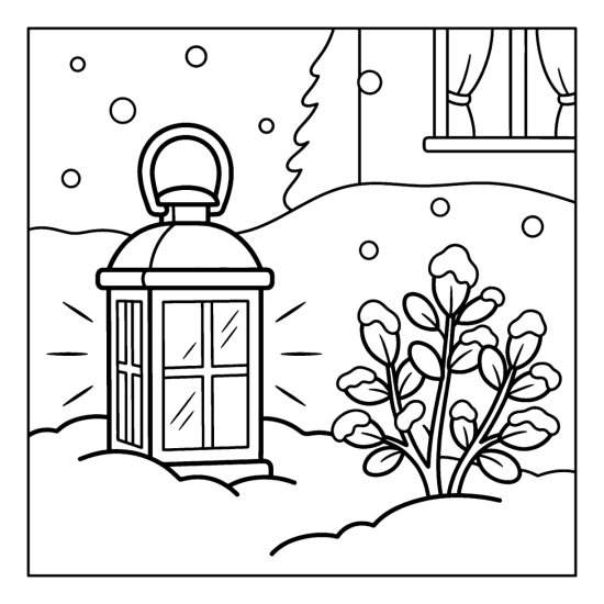 A glowing lantern in a snowbank beside a frosted shrub and pine tree, coloring sheet