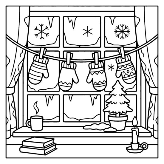 A garland of mittens strung across a frosty window with icicles and a mug, coloring page