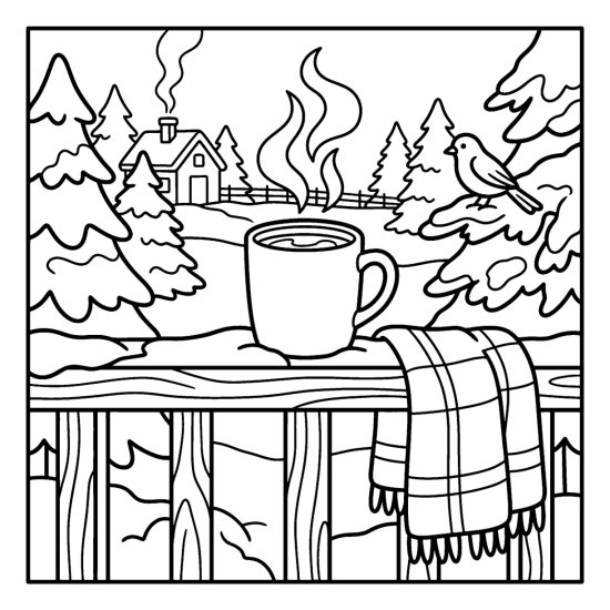 A steaming mug on a snowy porch railing with a blanket and pine trees, bold and easy