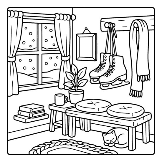 Ice skates hanging on a wall peg with a scarf and bench in a cozy room, bold and easy