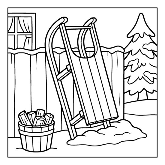 bold and easy cozy winter coloring pages with a wooden sled leaning on a snowy fence and pine tree, coloring page