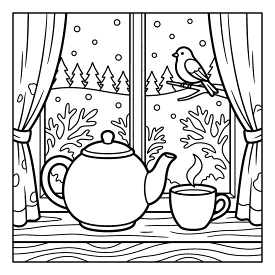 A teapot and steaming cup on a windowsill with a bird and frosty pane, coloring page