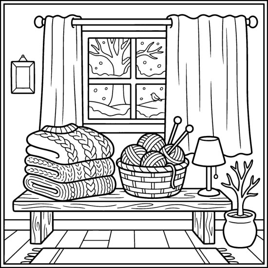 Folded knitted sweaters on a shelf with a yarn basket and lamp, coloring sheet