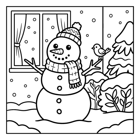 A snowman wearing a scarf and hat in a snowy yard with a bird and pine tree, bold and easy