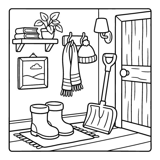 Winter boots by a door with a snow shovel and scarf on a hook, coloring page