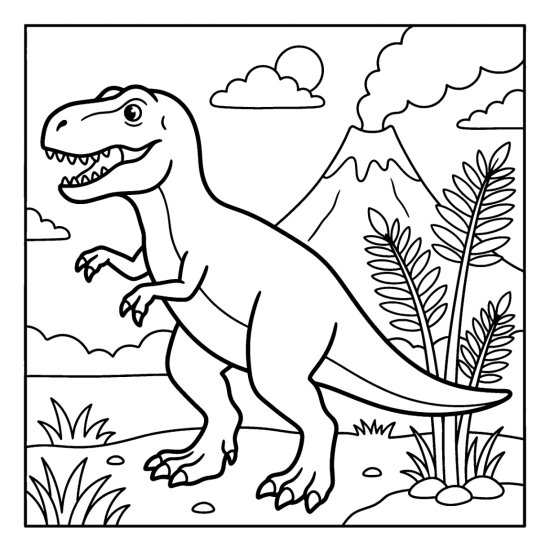 A smiling tyrannosaurus rex stands by tall ferns with a smoking volcano behind, coloring page