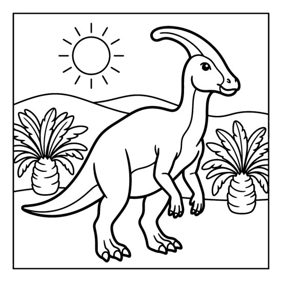 A parasaurolophus with a curved head crest stands among cycads under a sun, bold and easy