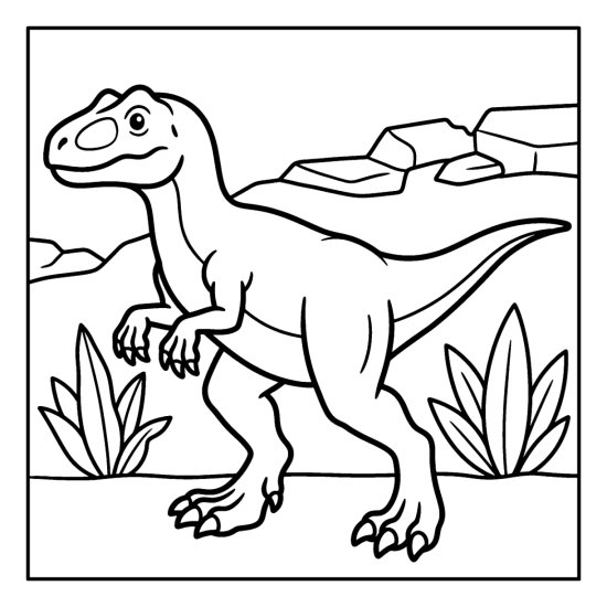 An allosaurus strides forward with both arms raised near plants and a rocky ridge, coloring page