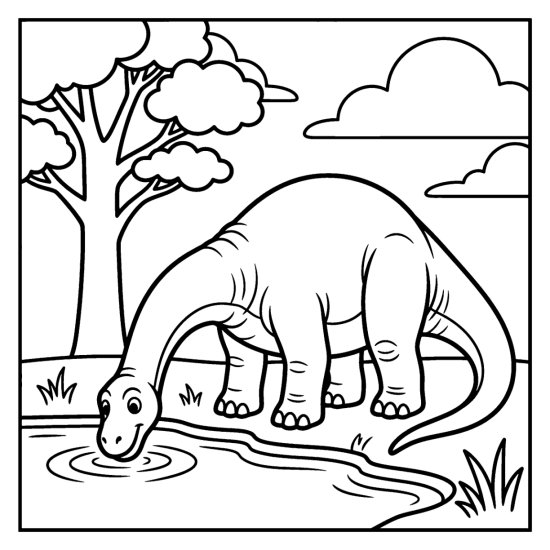An apatosaurus lowers its long neck to drink from a lake beside a tall tree, bold and easy
