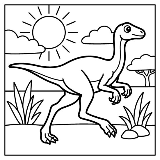 A slender gallimimus dashes across an open plain past grass under a sun, coloring sheet