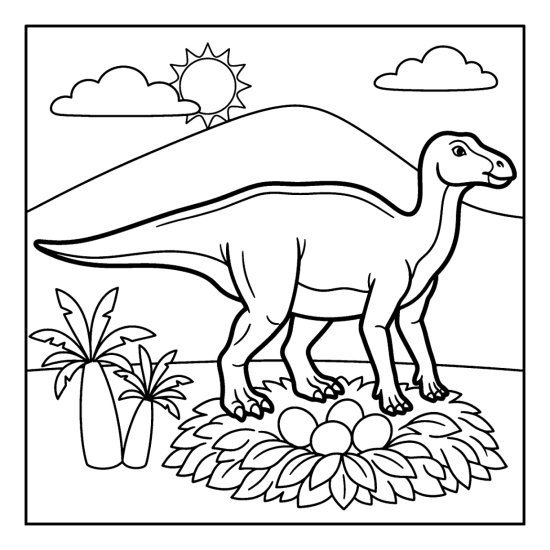 A maiasaura stands over a leafy mound of three eggs near cycads and a hill, bold and easy