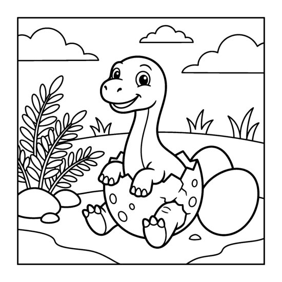 A baby dinosaur peeks from a cracked egg beside whole eggs and a fern, bold and easy