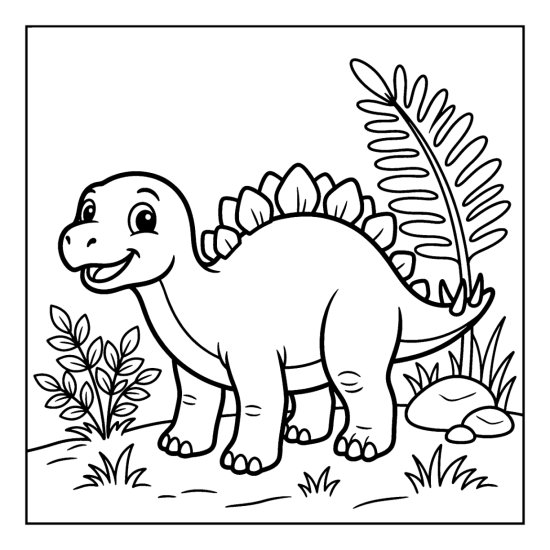 A young stegosaurus with small plates stands by a leafy plant and a fern, coloring page