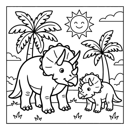 A triceratops stands beside its small youngster among cycads and a sun, bold and easy