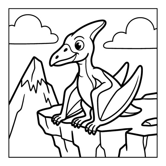 A pterosaur perches on a rocky cliff ledge with folded wings near clouds, bold and easy