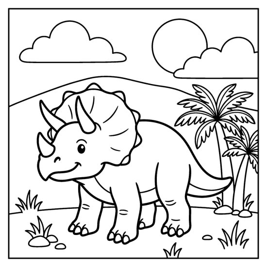 A three horned triceratops stands on all four legs near round cycads and a hill, bold and easy