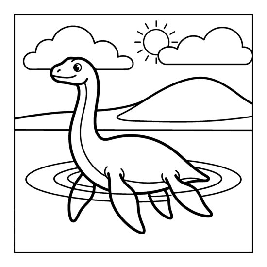 A long necked plesiosaur raises its head from a lake with ripples and a hill, coloring sheet