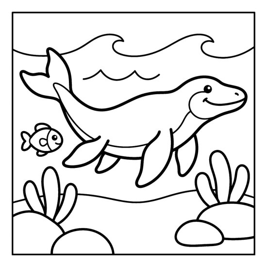 A long bodied mosasaurus glides through the sea past a little fish and plants, bold and easy
