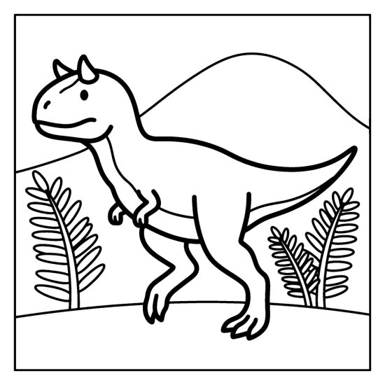 A carnotaurus with small horns strides past ferns and a hill, bold and easy