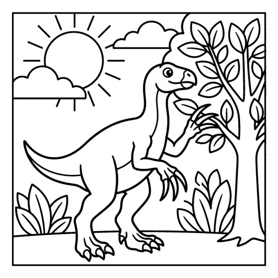 A therizinosaurus with long claws reaches toward a leafy tree among bushes, coloring page