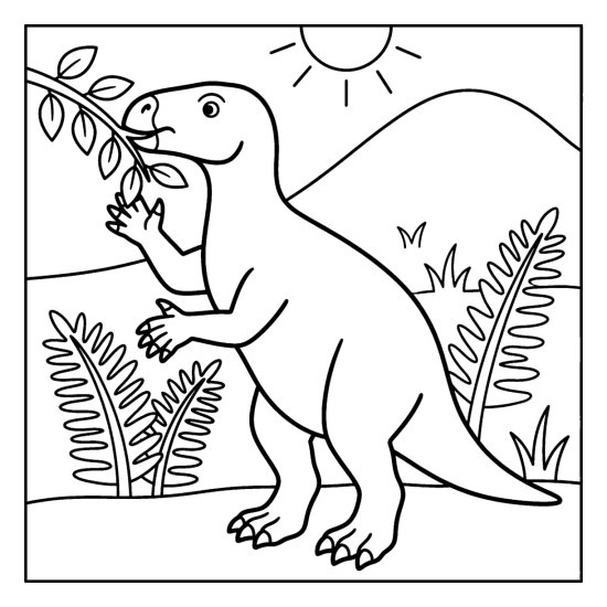 An iguanodon rears up to nibble a leafy branch near ferns and a hill, bold and easy