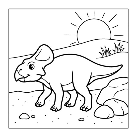 A frilled protoceratops stands on sandy ground beside round desert rocks, bold and easy