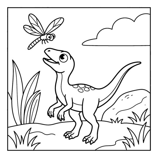A tiny compsognathus looks up at a simple dragonfly among grass and a rock, coloring sheet