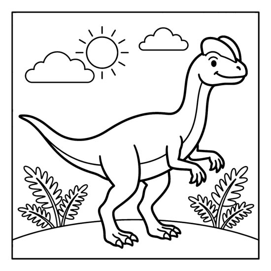 A dilophosaurus with two head crests stands among ferns under a sun, bold and easy