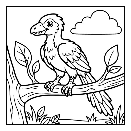 A feathered archaeopteryx perches on a thick branch with tucked wings and leaves, bold and easy