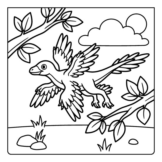 A four winged microraptor glides between two leafy branches near a cloud, coloring page