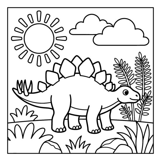 A plated stegosaurus with a spiked tail stands among ferns under a bright sun, coloring sheet
