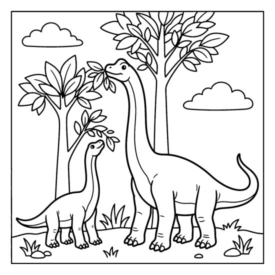 A big brachiosaurus stands beside its small calf reaching toward two tall trees, bold and easy