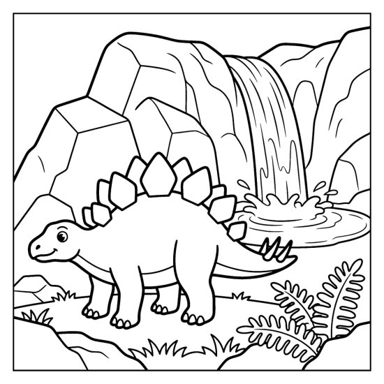 A stegosaurus stands beside a tumbling waterfall and pool among ferns and a cliff, coloring sheet